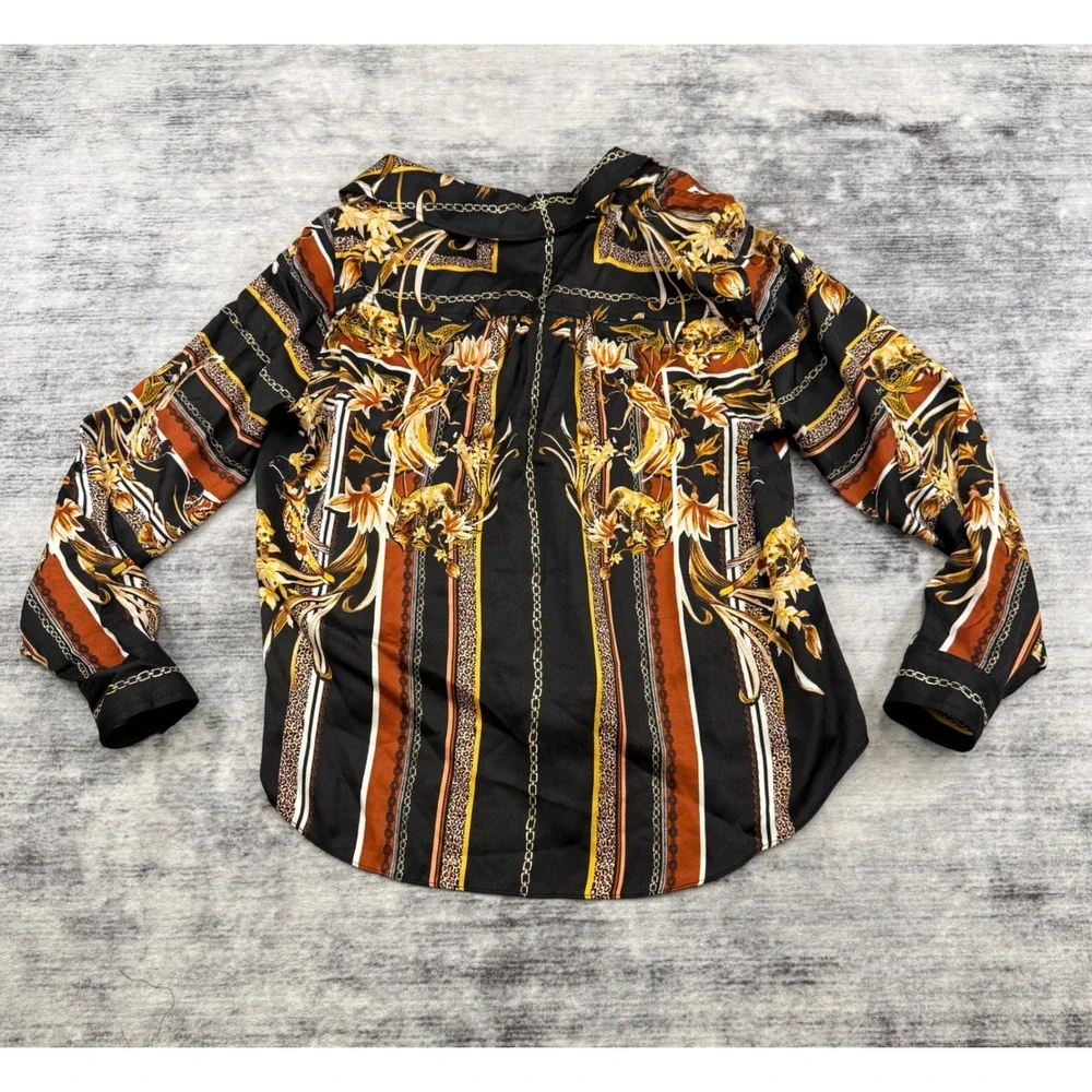 INC International Concepts Womens 0X Black Gold Scarf Print Tie Front Blouse Top